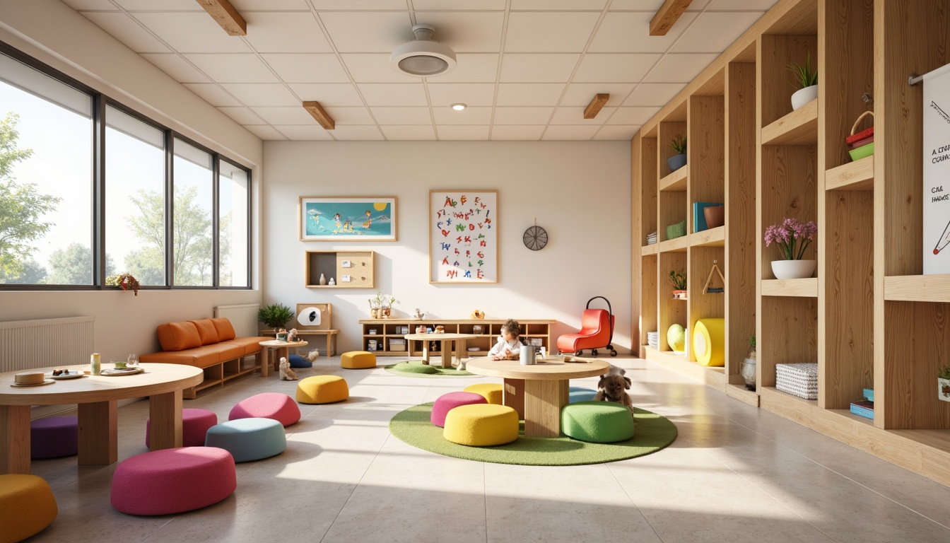 Prompt: Vibrant kindergarten interior, playful furniture designs, rounded edges, soft pastel colors, wooden tables, colorful chairs, cushioned benches, interactive play structures, educational wall decorations, alphabet posters, number lines, natural wood accents, cozy reading nooks, soft area rugs, warm overhead lighting, shallow depth of field, 1/1 composition, realistic textures, ambient occlusion.