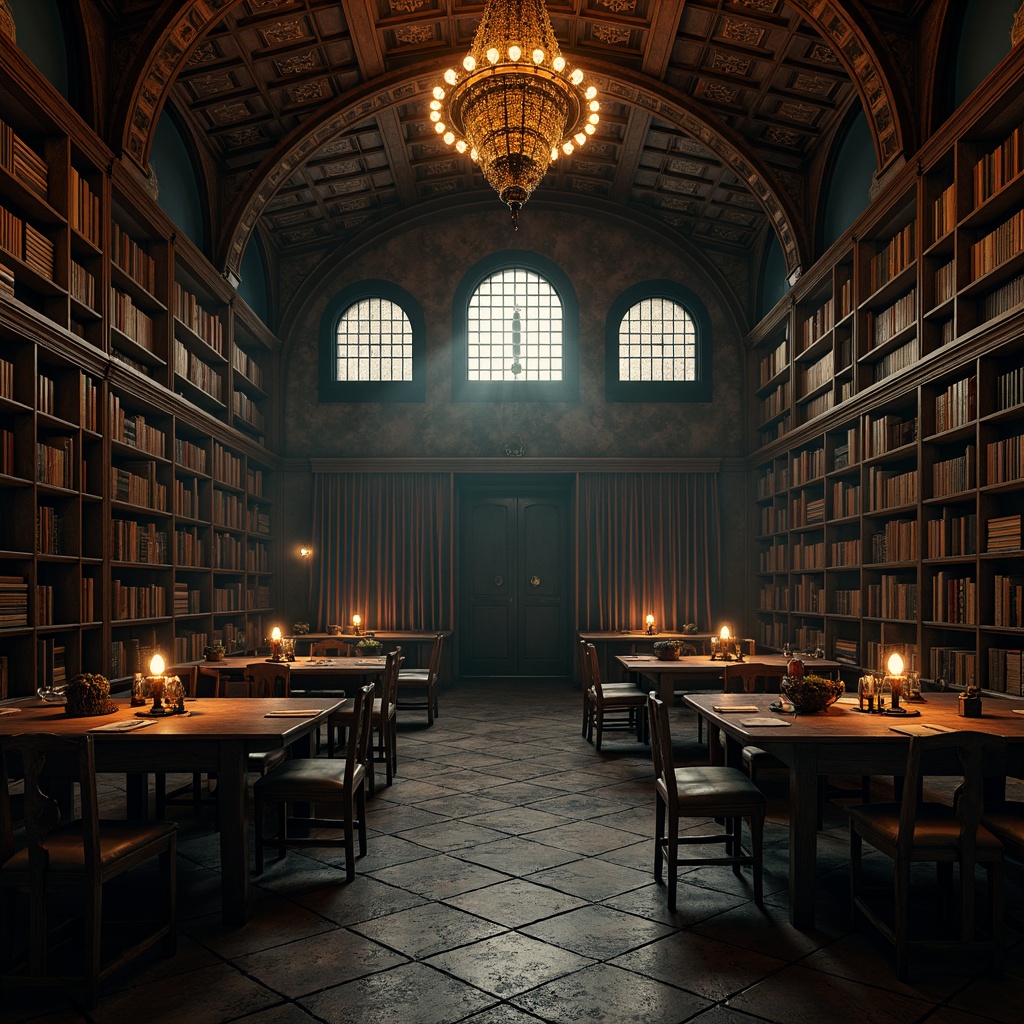 Prompt: Dark academia, mysterious ambiance, grandiose chandeliers, ornate wooden shelves, leather-bound tomes, rich velvet drapes, intricate stone carvings, vaulted ceilings, stained glass windows, heavy iron doors, rustic wooden tables, high-backed chairs, mysterious crypts, ancient artifacts, dim warm lighting, dramatic shadows, atmospheric fog, cinematic composition, symmetrical framing, ornate metalwork, mystical symbolism.