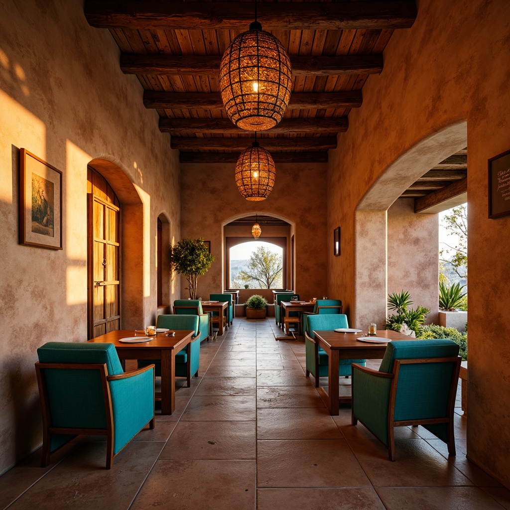 Prompt: Cozy southwestern dining room, warm earthy tones, rustic wooden furniture, vibrant turquoise accents, textured stone walls, woven wicker lighting fixtures, pendant lanterns, candles, soft warm glow, golden hour ambiance, shallow depth of field, 1/1 composition, realistic textures, ambient occlusion.