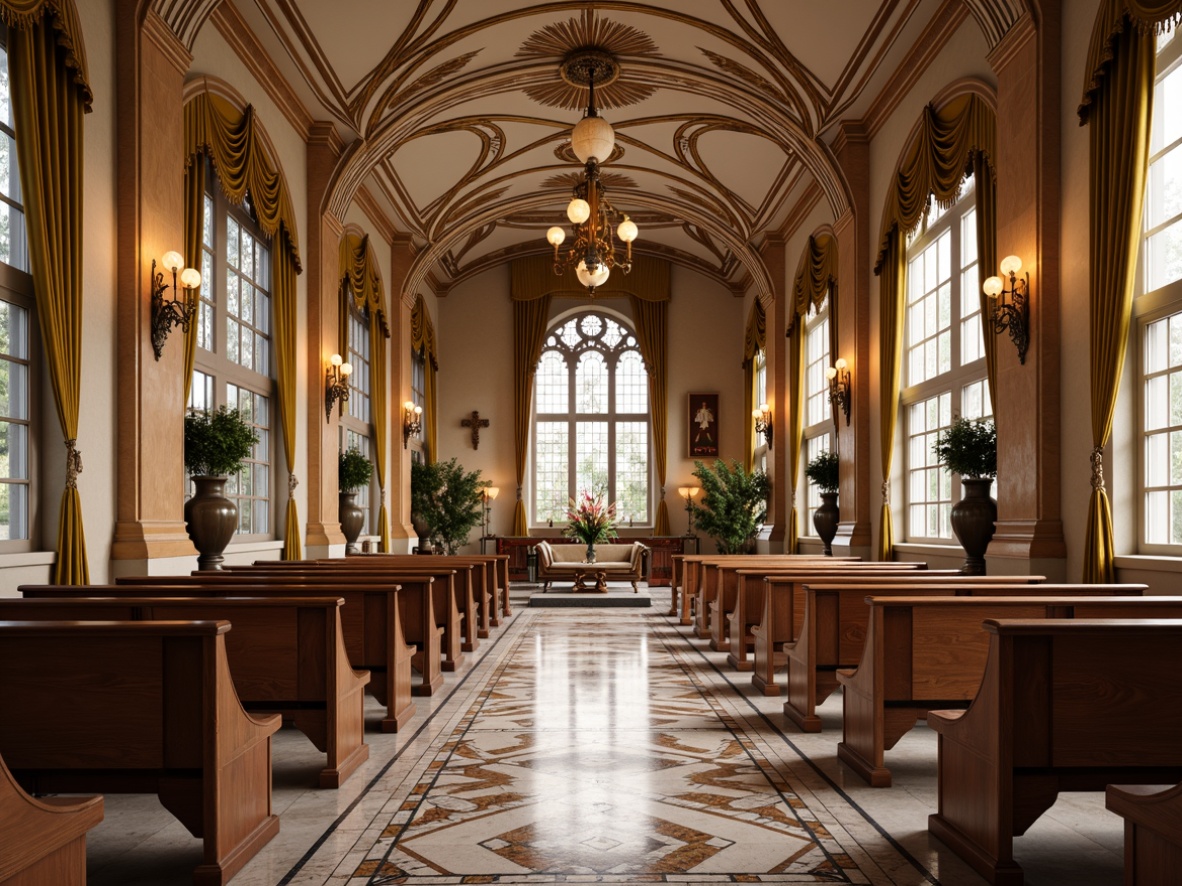 Prompt: Opulent chapel interior, intricately patterned marble floors, ornate gold accents, lavish velvet drapes, stained glass windows, grandiose chandeliers, polished wooden pews, curved geometric shapes, luxurious upholstery fabrics, subtle lighting effects, warm beige tones, soft golden hues, 1/2 composition, dramatic vertical lines, ornamental metalwork details.