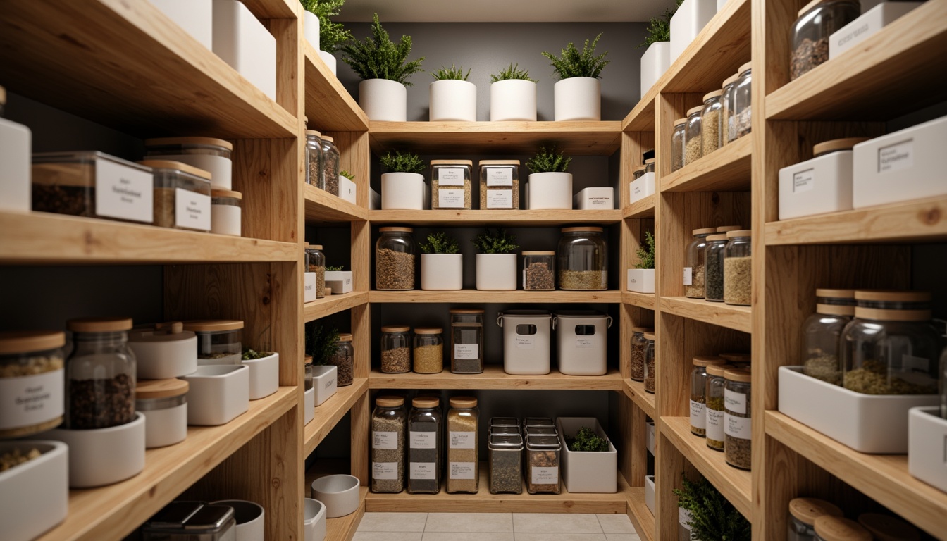 Prompt: Organized pantry space, sleek shelving units, adjustable storage bins, clear glass containers, labeled spice racks, compact canisters, modern kitchen decor, warm wooden accents, soft overhead lighting, shallow depth of field, 3/4 composition, realistic textures, ambient occlusion.