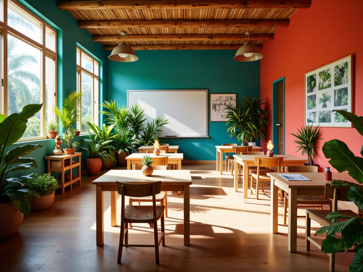 Prompt: Vibrant tropical classroom, bright coral walls, turquoise accents, lush greenery, exotic palm trees, natural wood furniture, woven rattan chairs, colorful tiki torches, fun pineapple decorations, sunny day, warm soft lighting, shallow depth of field, 3/4 composition, panoramic view, realistic textures, ambient occlusion.