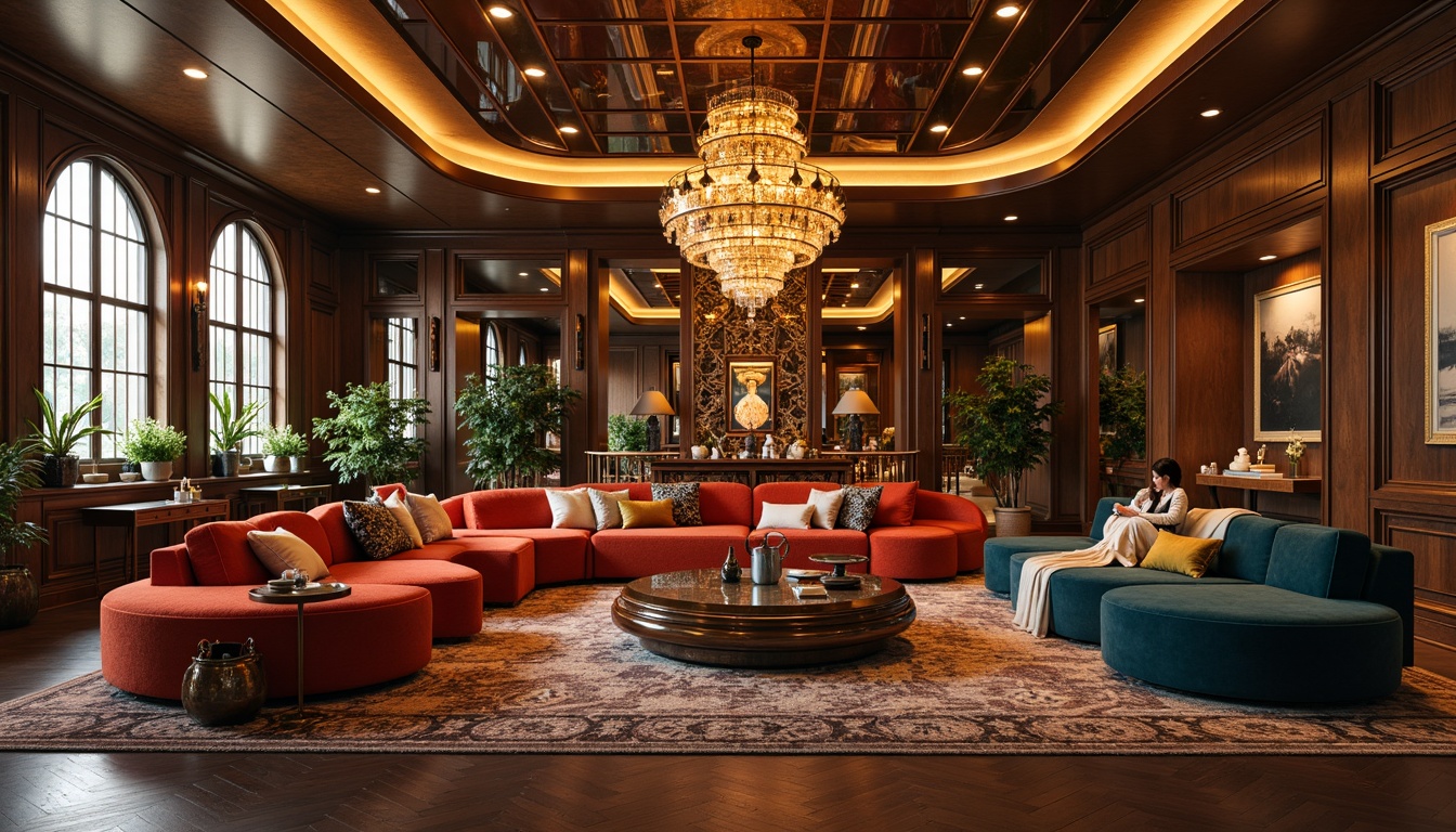 Prompt: Luxurious living room, opulent furniture, curved geometric shapes, metallic accents, glossy finishes, ornate patterns, vibrant colors, velvet upholstery, polished wood surfaces, intricate inlays, glamorous chandeliers, lavish textiles, sophisticated ambiance, warm golden lighting, shallow depth of field, 1/1 composition, realistic reflections, ambient occlusion.