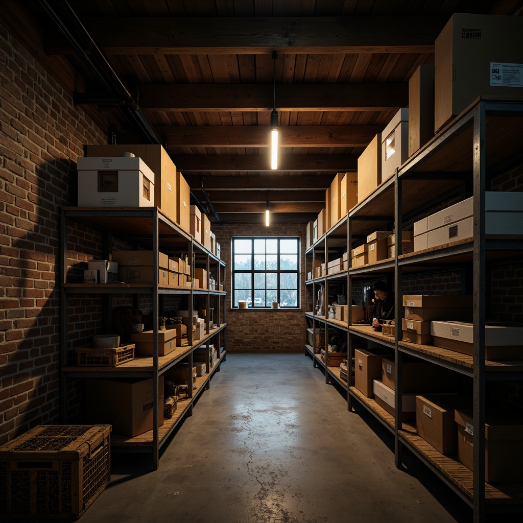 Prompt: Dimly lit storage room, industrial shelving units, metal racks, crates, boxes, rustic wooden accents, exposed brick walls, concrete floors, soft warm glow, LED strip lights, overhead lighting fixtures, task lamps, ambient shadows, subtle color temperature, 1/1 composition, shallow depth of field, realistic textures.