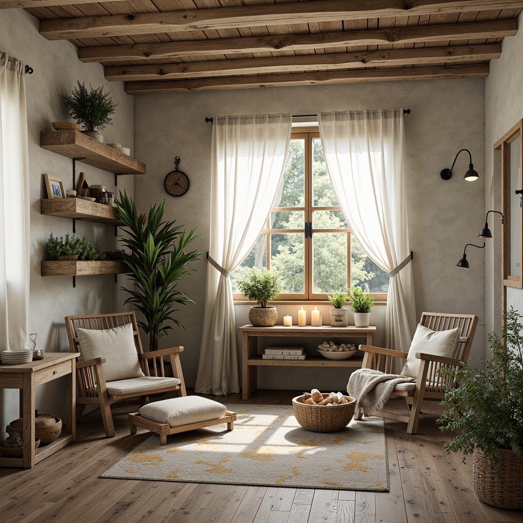 Prompt: Rustic farmhouse, vintage decor, earthy tones, weathered wood accents, distressed metal fixtures, soft creamy whites, warm beige hues, muted sage greens, dusty blue undertones, natural linen textures, woven baskets, potted plants, country-inspired patterns, cozy candlelight, soft warm glow, 1/2 composition, intimate close-ups, realistic rustic details.