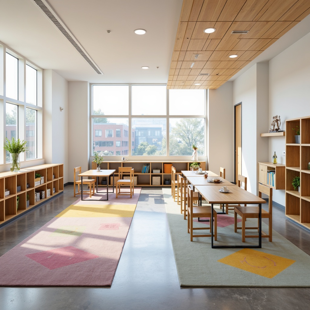 Prompt: Minimalist school furniture, simple wooden chairs, sleek metal tables, ergonomic desks, colorful storage bins, geometric-patterned rugs, natural wood accents, abundant daylight, soft pastel colors, calm atmosphere, shallow depth of field, 3/4 composition, panoramic view, realistic textures, ambient occlusion.