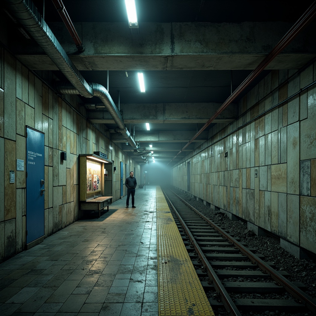 Prompt: Gritty urban metro station, brutalist architecture, raw concrete walls, exposed ductwork, industrial metal beams, muted color palette, dark grey tones, cold blue accents, warm beige undertones, harsh overhead lighting, dramatic shadows, atmospheric fog effects, realistic textures, ambient occlusion, 1/1 composition, low-angle shot, cinematic mood.