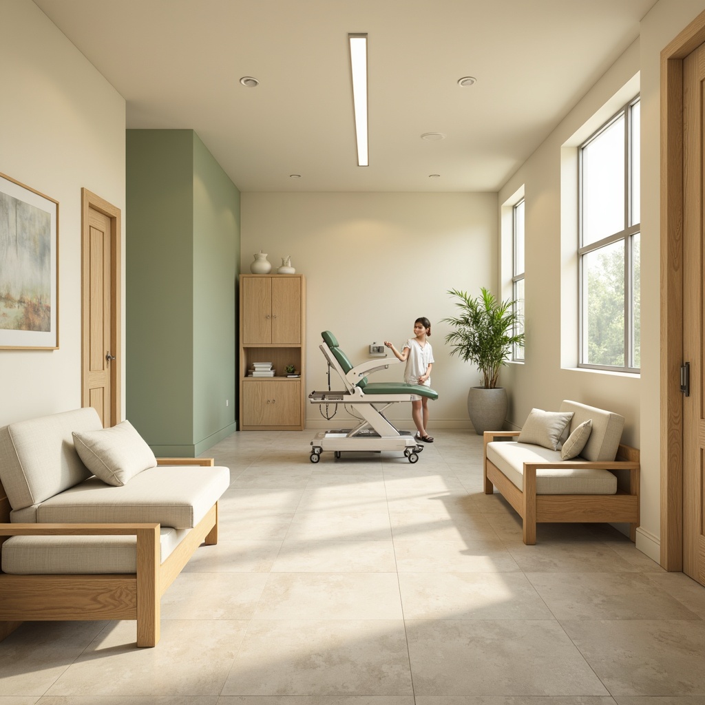 Prompt: Calming clinic interior, soothing color palette, pastel shades, gentle lighting, warm beige walls, creamy white furniture, soft sage accents, natural wood tones, minimal ornamentation, clean lines, modern medical equipment, stainless steel surfaces, subtle texture variations, realistic material reflections, ambient occlusion, shallow depth of field, 3/4 composition, panoramic view.