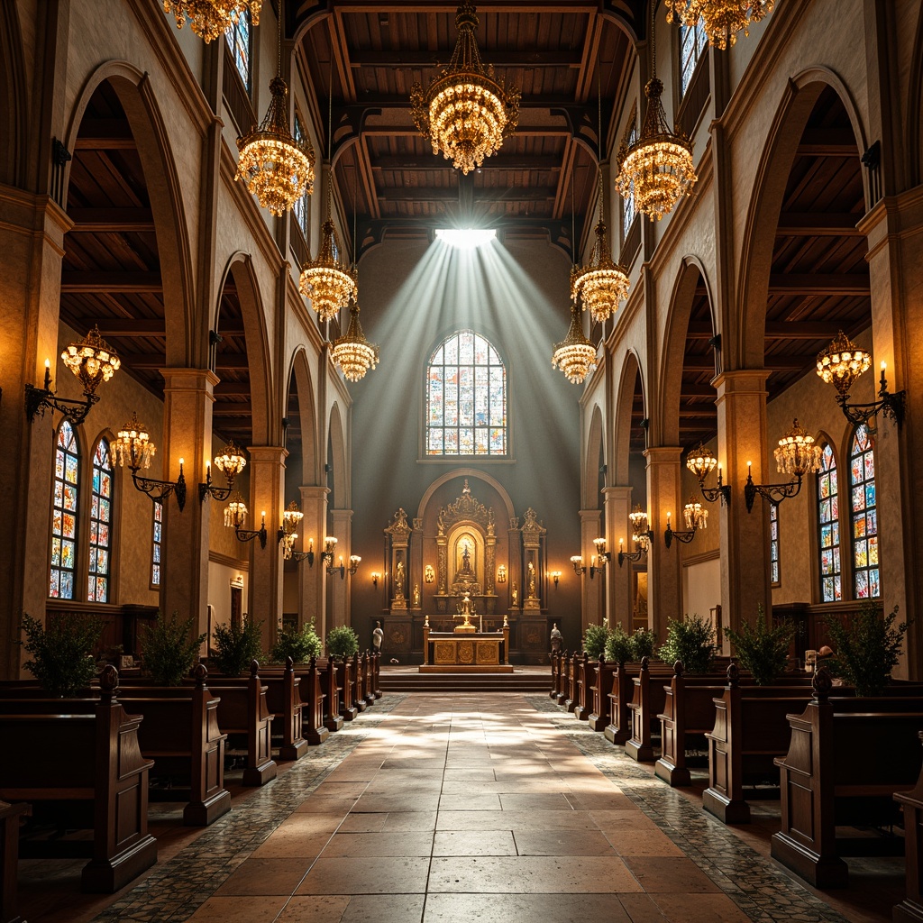 Prompt: Ornate chandeliers, crystal droplets, bronze sconces, geometric metalwork, stained glass windows, vaulted ceilings, grand altars, intricate mosaics, marble floors, ornate pulpits, dramatic spotlights, warm golden lighting, soft ambient glow, 1/1 composition, symmetrical framing, realistic reflections, subtle color grading.