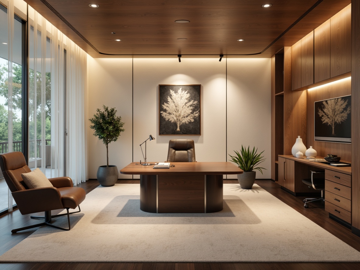 Prompt: Streamlined home office, minimal ornamentation, curved lines, polished chrome accents, warm beige walls, dark wood furniture, sleek desk lamps, indirect softbox lighting, floor-to-ceiling windows, natural daylight, subtle gradient shadows, 1/1 composition, shallow depth of field, realistic textures, ambient occlusion.