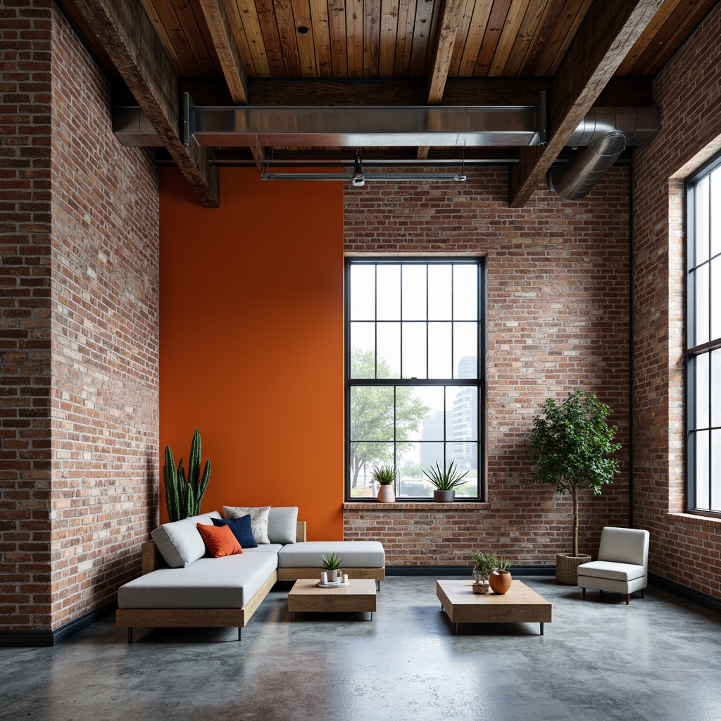 Prompt: Rustic industrial warehouse, exposed brick walls, metal beams, reclaimed wood accents, distressed finishes, urban atmosphere, neutral background, bold color pops, vibrant orange hues, deep blues, metallic silvers, earthy tones, concrete floors, industrial lighting fixtures, minimalist decor, functional simplicity, open layouts, natural light pouring in, airy feel, 1/1 composition, high contrast ratio, dramatic shadows, realistic textures, ambient occlusion.