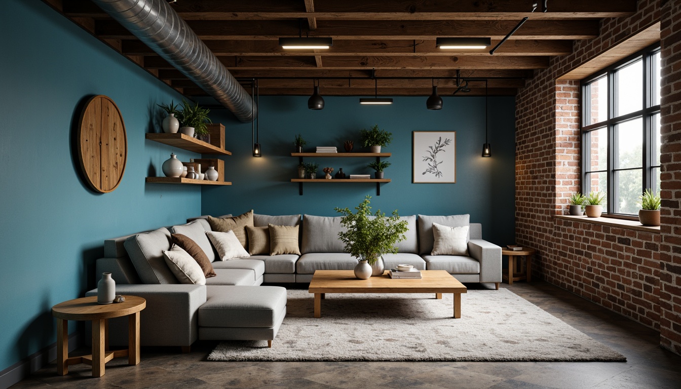 Prompt: Cozy basement, cerulean blue accent walls, soft warm lighting, plush area rugs, comfortable sofas, wooden coffee tables, minimalist decor, modern industrial architecture, exposed brick walls, metallic beams, functional storage spaces, inviting atmosphere, relaxing ambiance, calming color scheme, soothing mood, 1/2 composition, shallow depth of field, realistic textures.