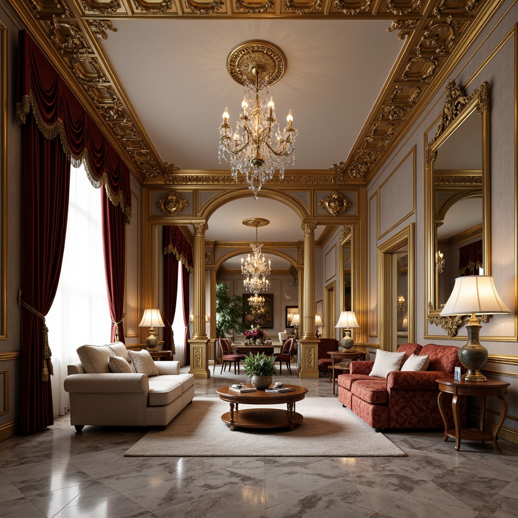 Prompt: Opulent apartment interior, ornate detailing, Rococo style, grand chandeliers, intricate carvings, gilded mirrors, lavish furnishings, velvet drapes, marble floors, ornamental plasterwork, curved lines, soft warm lighting, shallow depth of field, 1/1 composition, realistic textures, ambient occlusion, luxurious fabrics, delicate patterns, subtle color palette, elegant furniture legs, carved wooden accents, crystal chandeliers, French-inspired motifs.