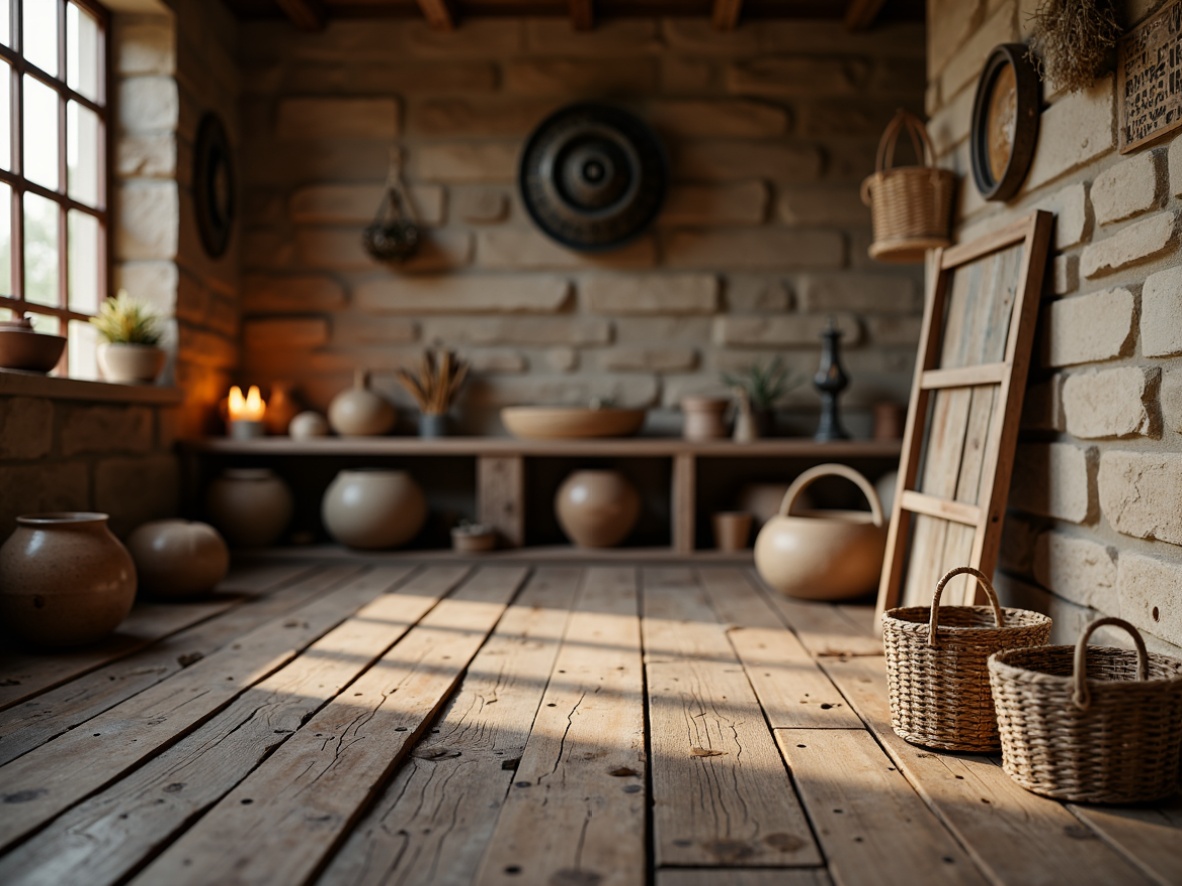 Prompt: Rustic wooden planks, distressed textures, earthy tones, natural stone walls, reclaimed wood accents, vintage metal decorations, woven baskets, earthy ceramics, woven textiles, warm candle lighting, cozy atmosphere, 3/4 composition, shallow depth of field, realistic textures, ambient occlusion.