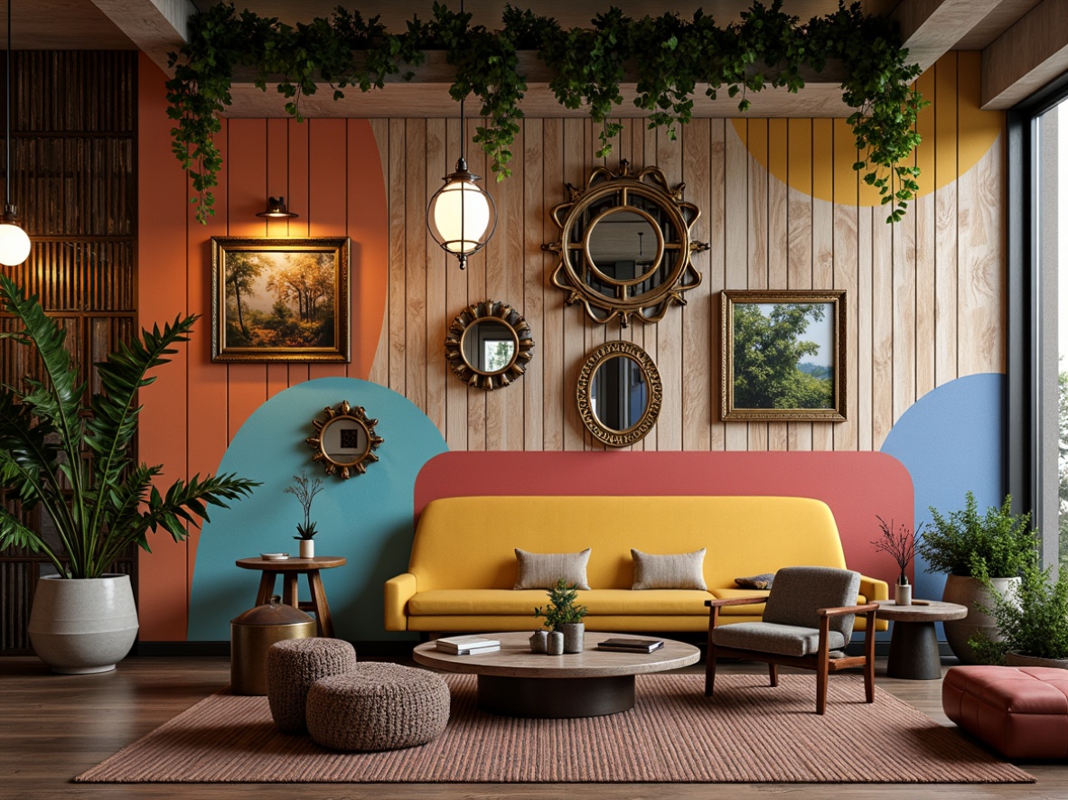 Prompt: Whimsical accent wall, eclectic pattern mix, bold geometric shapes, vibrant color blocking, distressed wooden planks, industrial metal grids, ornate antique mirrors, lush greenery installations, abstract art pieces, textured 3D elements, bohemian chic decor, soft warm lighting, shallow depth of field, 1/1 composition, realistic textures, ambient occlusion.