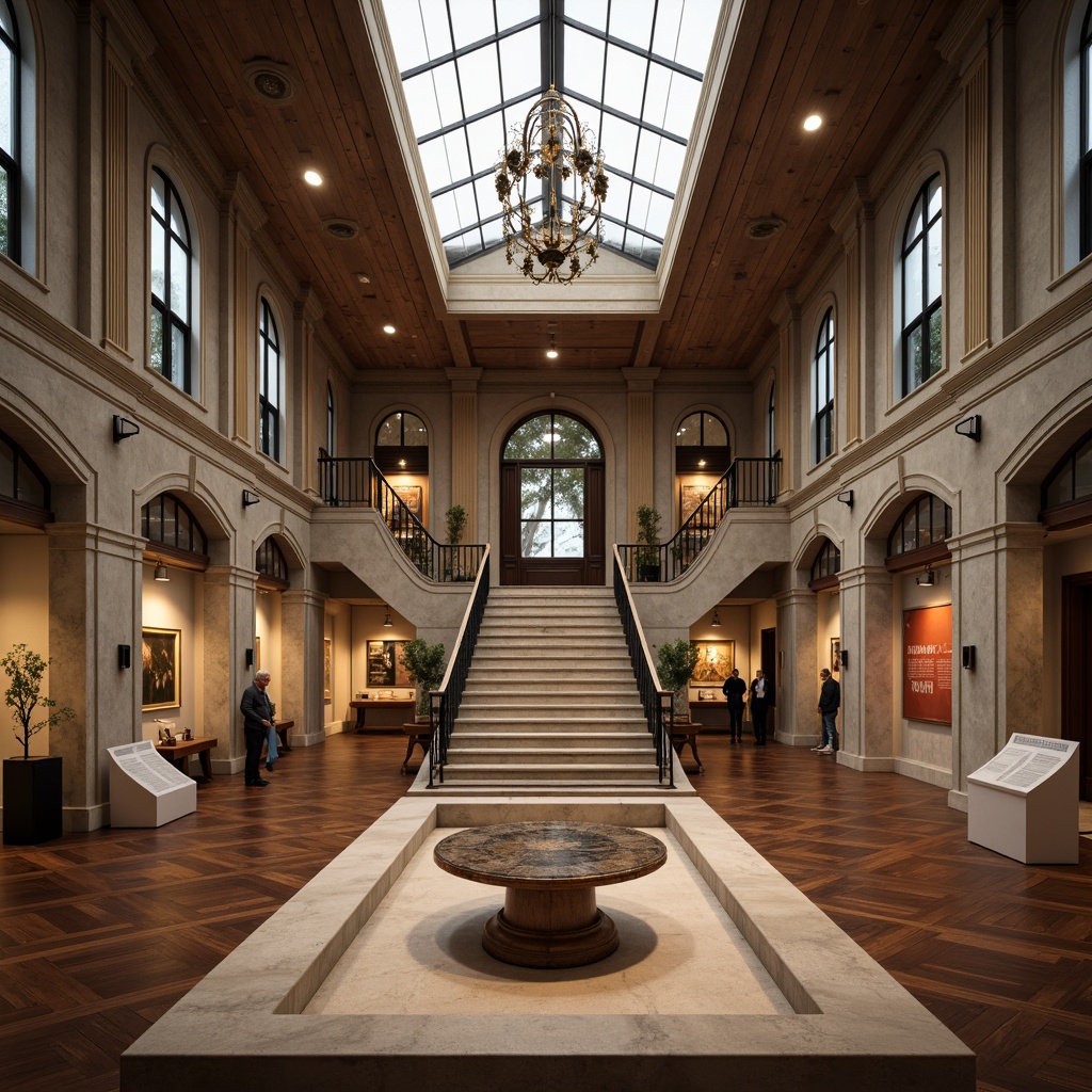 Prompt: Grand museum hall, high ceilings, ornate chandeliers, wooden flooring, classic columns, archways, grand staircases, traditional exhibition spaces, neutral color palette, elegant lighting, subtle shadows, 1/1 composition, symmetrical framing, realistic textures, ambient occlusion, cultural artifacts, ancient relics, historical exhibits, interactive displays, information panels, educational graphics, museum signage, rustic stone walls, intricate moldings, ornate plasterwork.