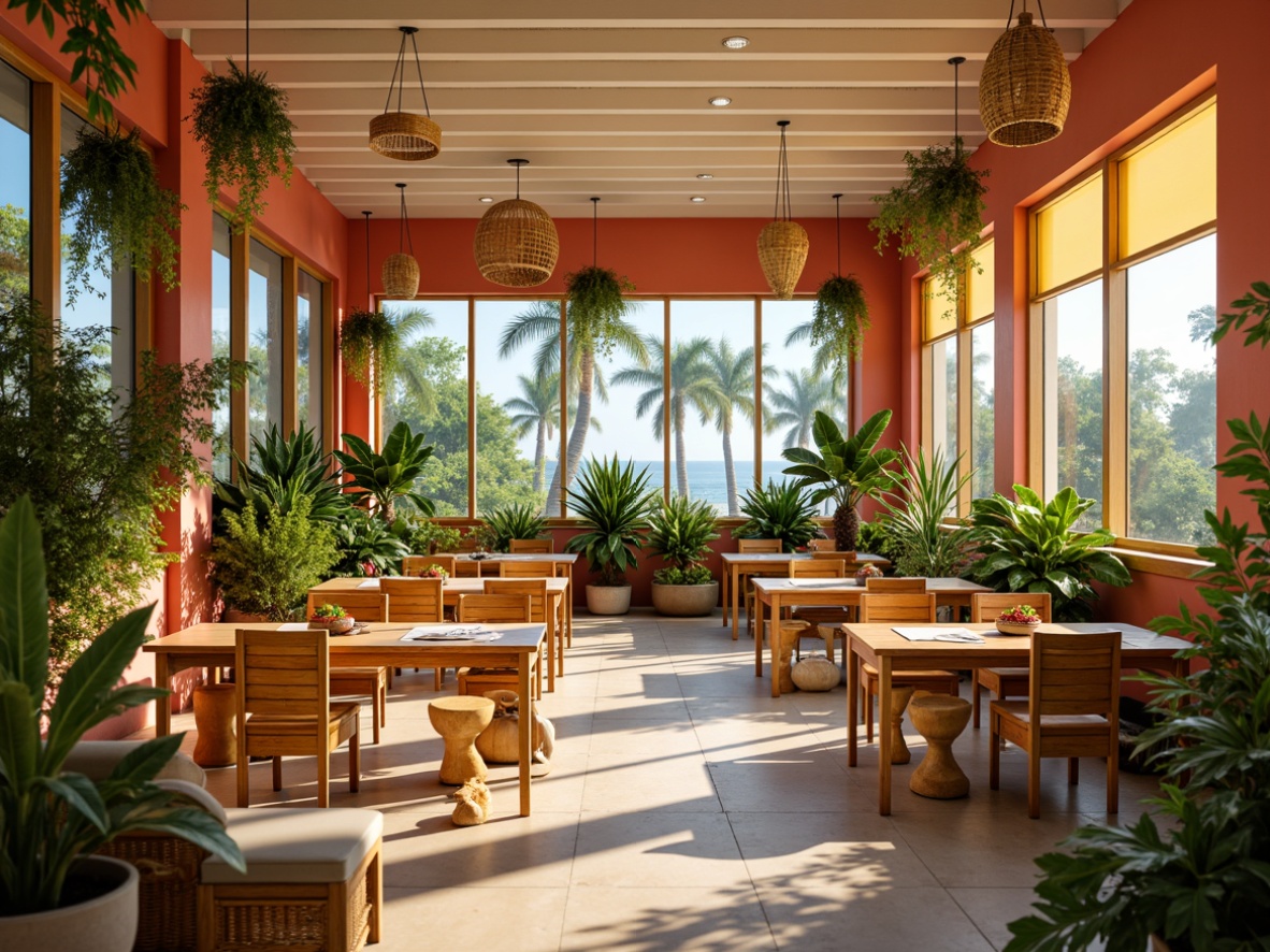 Prompt: Vibrant tropical classroom, warm wooden furniture, bright coral walls, lush greenery, exotic plants, colorful floral patterns, sunny yellow accents, creamy white ceilings, natural rattan decorations, woven bamboo textures, ocean-inspired blues, refreshing minty hues, soft pastel shades, ambient warm lighting, shallow depth of field, 1/1 composition, realistic textures, atmospheric mist effects.