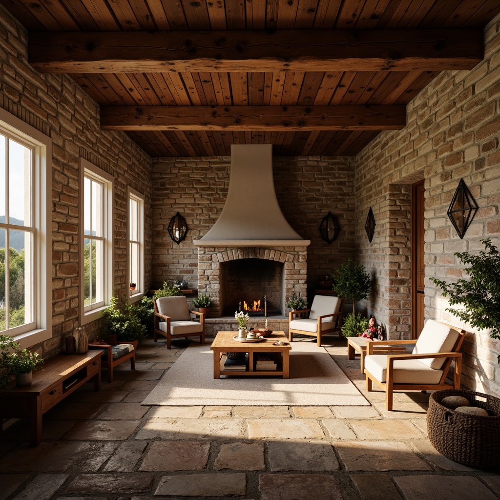 Prompt: Rustic countryside, traditional farmhouse, exposed brick walls, earthy tones, rough-hewn stones, wooden beams, cozy fireplace, vintage furniture, natural textures, warm ambient lighting, shallow depth of field, 2/3 composition, realistic rendering, soft focus effect.