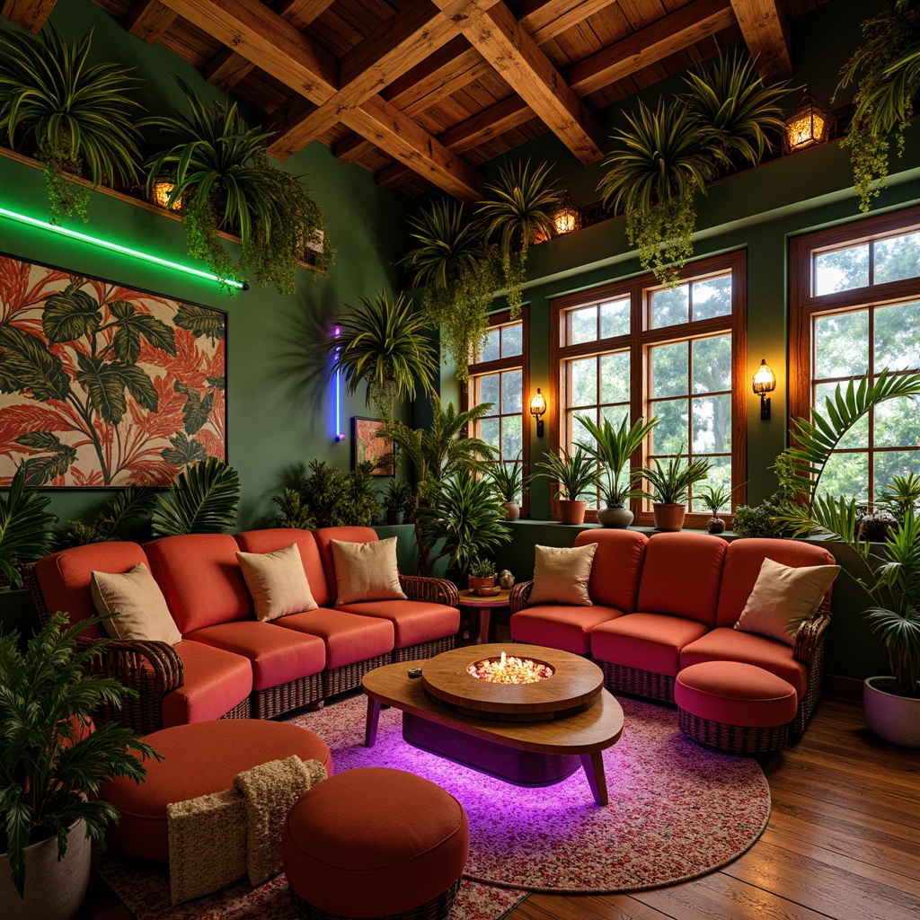 Prompt: Vibrant tropical game room, lush green walls, exotic plant decorations, warm neon lighting, colorful LED strips, glowing lanterns, cozy seating areas, wooden flooring, woven rattan furniture, natural textiles, tribal-inspired patterns, bright coral colors, sunny afternoon ambiance, softbox lighting, shallow depth of field, 1/2 composition, realistic shadows, ambient occlusion.