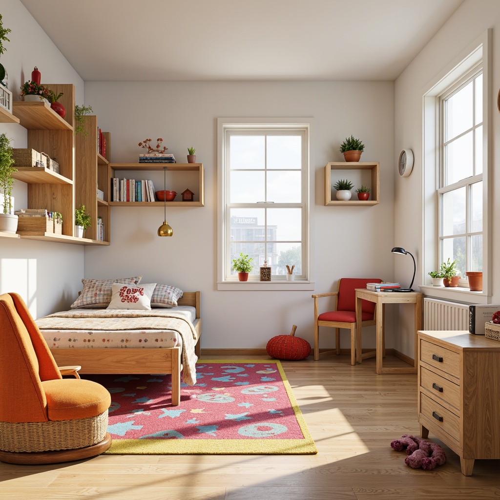 Prompt: Vibrant kids' room, minimalistic furniture, wooden shelves, primary color accents, geometric patterns, playful textiles, eco-friendly materials, natural wood flooring, matte white walls, functional storage units, kid-sized desks, colorful rug, modern lighting fixtures, soft warm glow, shallow depth of field, 1/1 composition, realistic textures, ambient occlusion.