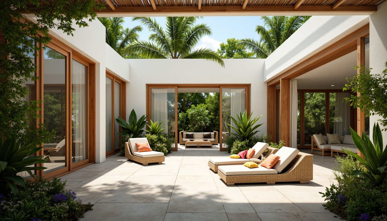 Prompt: Tropical villa, lush greenery, wooden accents, large windows, sliding glass doors, open floor plan, high ceilings, clerestory windows, skylights, solar tubes, reflective white walls, polished concrete floors, natural stone features, woven bamboo textures, rattan furniture, vibrant colorful fabrics, exotic plants, warm sunny day, soft diffused lighting, shallow depth of field, 1/1 composition, panoramic view, realistic materials, ambient occlusion.