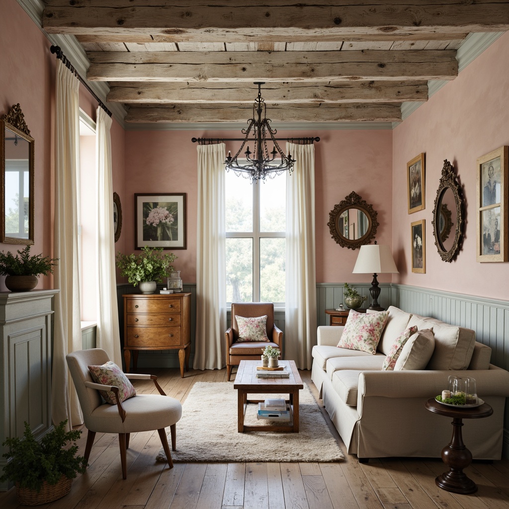 Prompt: Soft, feminine cottage, distressed wood accents, vintage floral patterns, lace curtains, ornate mirrors, rustic metal fixtures, pastel color palette, creamy whites, warm beiges, dusty roses, muted blues, soft peaches, natural textiles, linen fabrics, cotton laces, worn leather armchairs, aged wooden floors, elegant chandeliers, warm candlelight, shallow depth of field, 1/2 composition, intimate atmosphere, realistic textures, ambient occlusion.