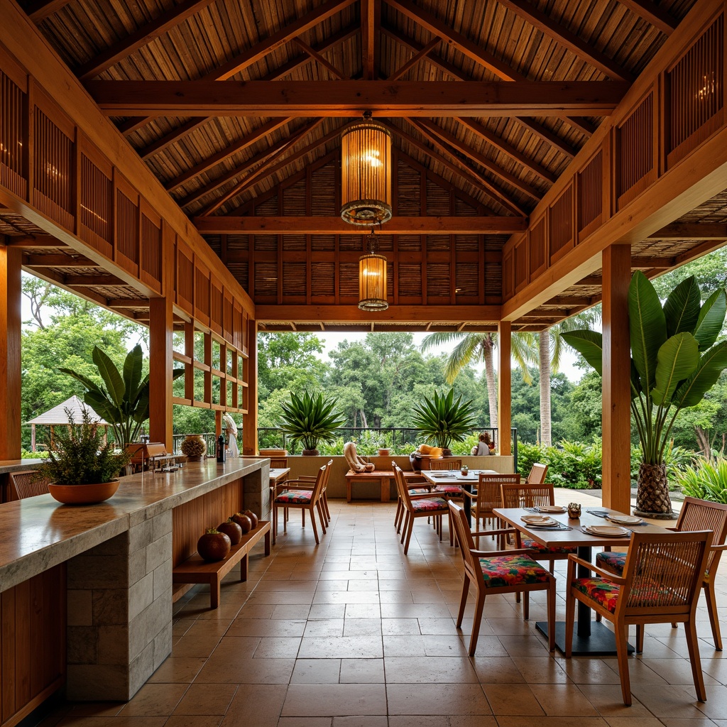 Prompt: Tropical dining hall, warm wooden tones, rich teak furnishings, natural woven fibers, rattan chairs, vibrant colorful upholstery, exotic leaf patterns, polished marble countertops, glossy ceramic tiles, rustic bamboo accents, reclaimed wood flooring, earthy terracotta pots, lush greenery, soft warm lighting, shallow depth of field, 3/4 composition, realistic textures, ambient occlusion.