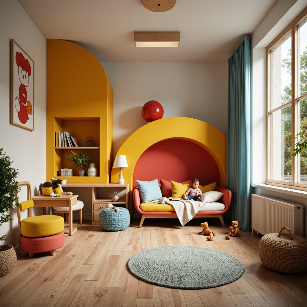 Prompt: Vibrant kids' room, playful Bauhaus furniture, bold primary colors, geometric shapes, minimalist design, wooden accents, modern lighting fixtures, cozy reading nook, soft plush toys, educational wall art, colorful rug, ergonomic chair, sleek desk, whimsical storage units, textured fabrics, natural wood tones, warm afternoon light, shallow depth of field, 1/2 composition, intimate atmosphere, realistic textures, ambient occlusion.