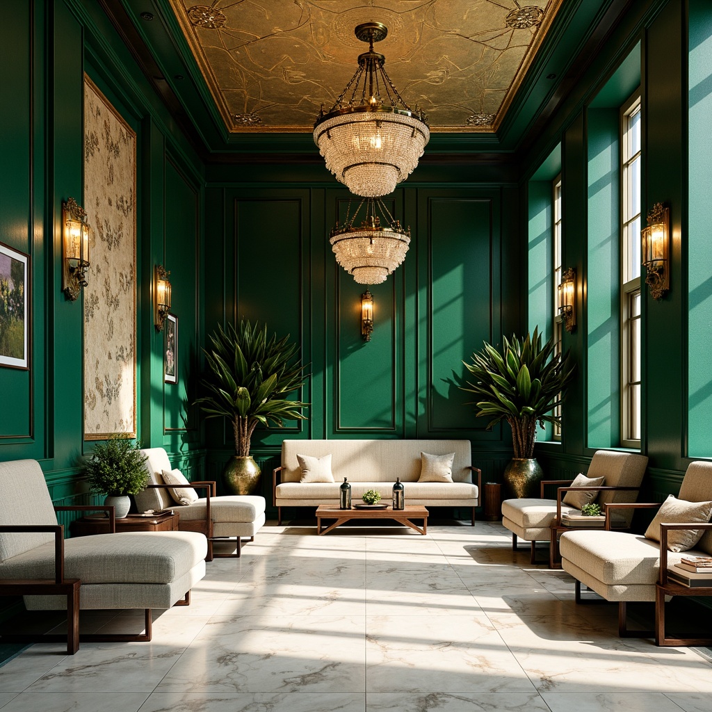 Prompt: Luxurious Art Deco interior, rich jewel-toned colors, emerald green walls, navy blue accents, metallic gold leafing, creamy white marble floors, geometric patterns, ornate metalwork, opulent chandeliers, velvety soft furnishings, bold black outlines, vintage glamour, sun-kissed warm lighting, shallow depth of field, 1/1 composition, dramatic shadows, realistic textures, ambient occlusion.