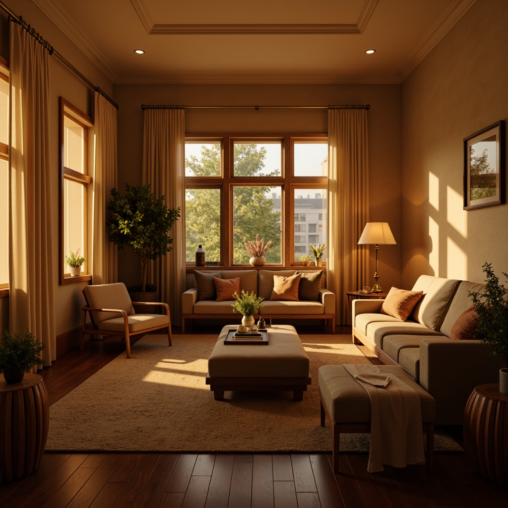 Prompt: Cozy living room, warm beige walls, comfortable sofas, rich wood furniture, soft golden lighting, table lamps, floor lamps, dimmable LED lights, warm color temperature, relaxing atmosphere, calm mood, quiet evening, subtle shadows, 1/2 composition, realistic rendering, high dynamic range, detailed textures.