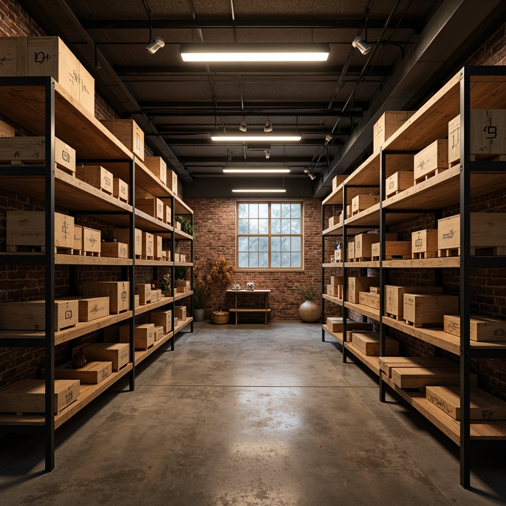 Prompt: Cozy storage room, rustic wooden shelves, metal racks, industrial lighting fixtures, exposed brick walls, concrete floors, warm color tones, softbox lights, LED strips, ambient illumination, 3-point lighting setup, high-contrast ratio, dramatic shadows, realistic textures, shallow depth of field, 2/3 composition, narrow aperture, subtle grain effect.