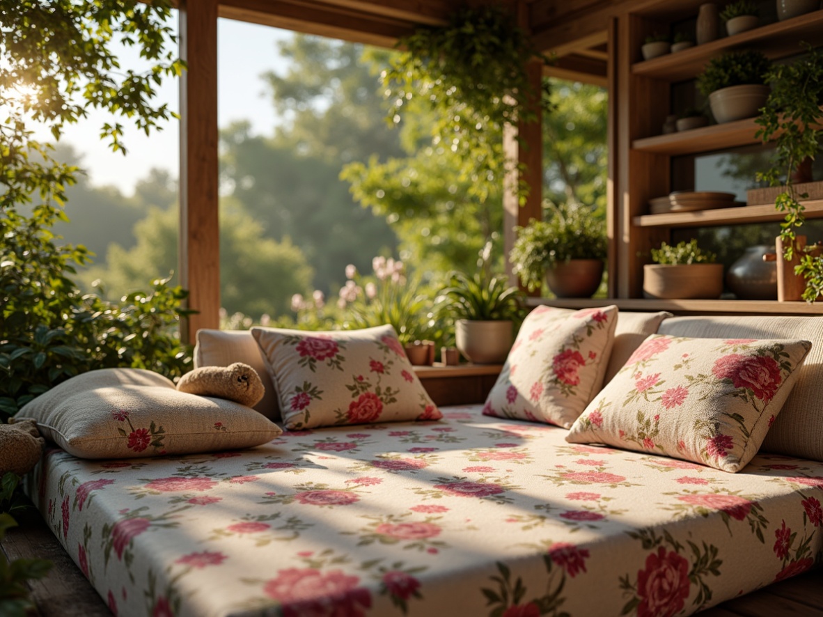 Prompt: Vibrant floral patterns, soft cushioning, plush upholstery, natural fiber fabrics, breathable mesh materials, calming pastel colors, warm earthy tones, cozy ambiance, lush greenery surroundings, rustic wooden accents, sunny day, gentle warm lighting, shallow depth of field, 3/4 composition, panoramic view, realistic textures, ambient occlusion.