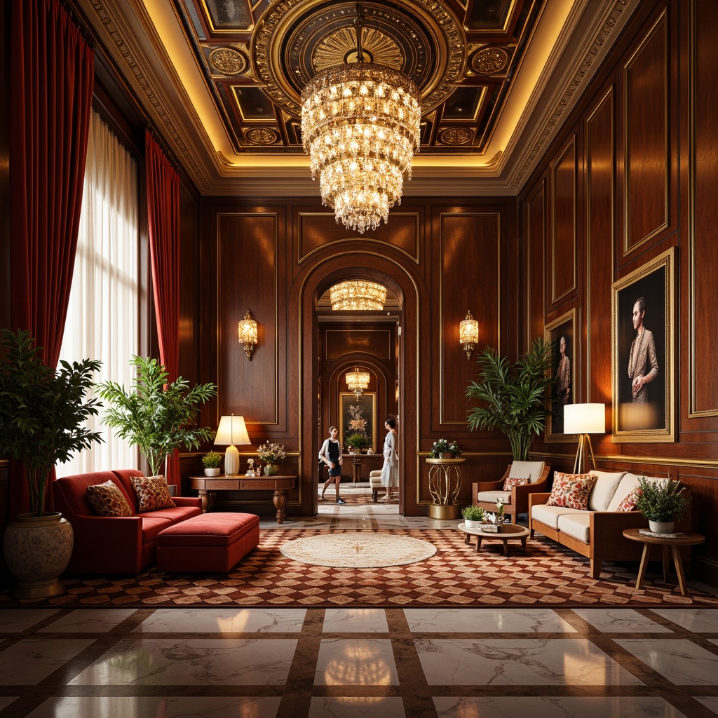 Prompt: Luxurious Art Deco interior, metallic accents, ornate geometric patterns, rich velvet fabrics, glossy wooden paneling, glamorous chandeliers, opulent marble floors, lavish furnishings, bold color schemes, intricate moldings, gilded details, statement lighting fixtures, luxurious textiles, sumptuous curtains, 3D modeled ornaments, highly detailed accessories, warm atmospheric lighting, cinematic composition, realistic reflections, high-contrast rendering.