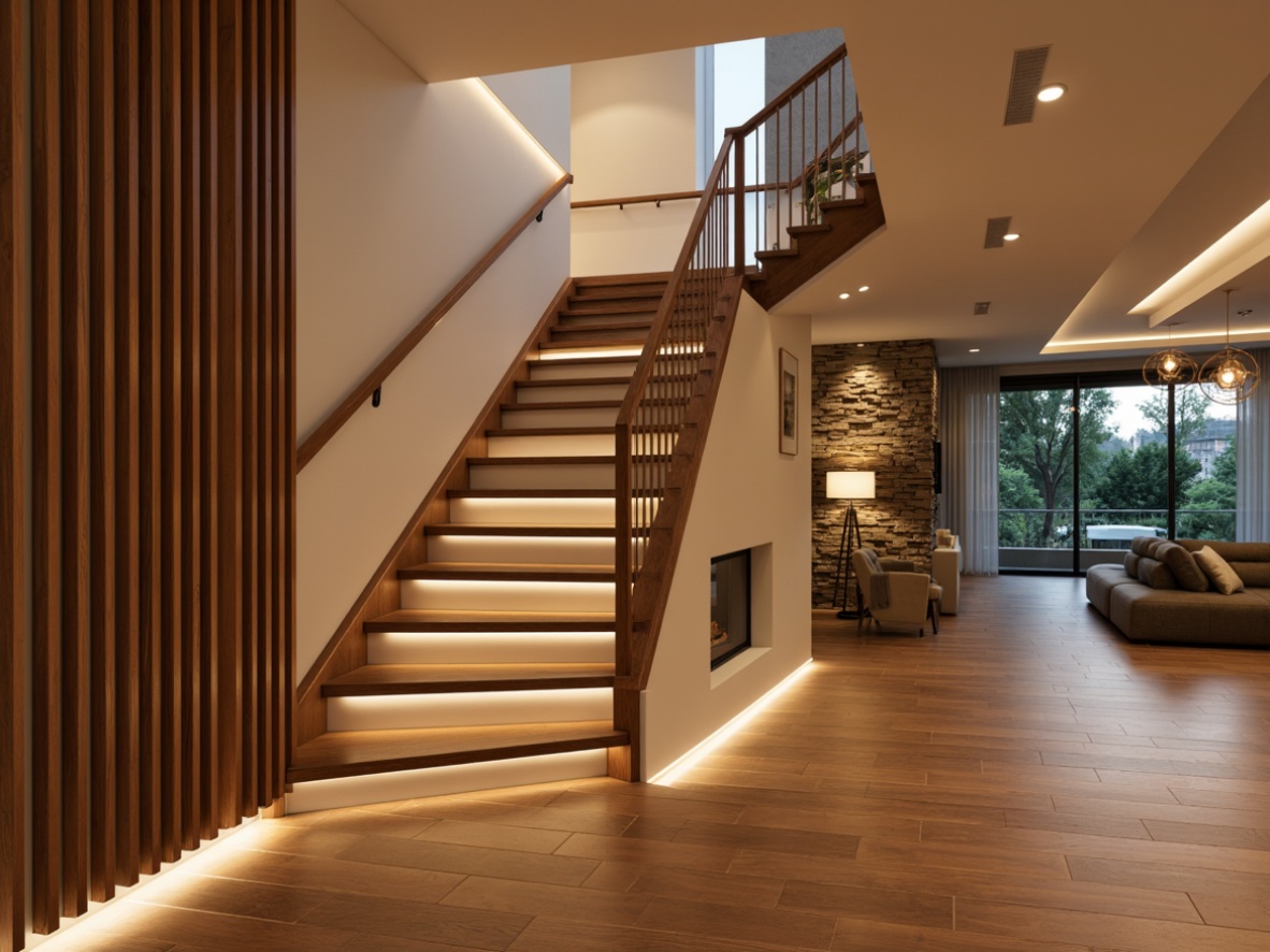 Prompt: Mid-century modern staircase, sleek wooden handrails, minimalist metal balusters, warm ambient lighting, soft glowing LED strips, recessed ceiling lights, suspended pendant lamps, frosted glass diffusers, warm beige walls, polished hardwood floors, open-plan living area, natural stone feature wall, floor-to-ceiling windows, dramatic vertical space, 1/2 composition, atmospheric shadows, subtle color grading.