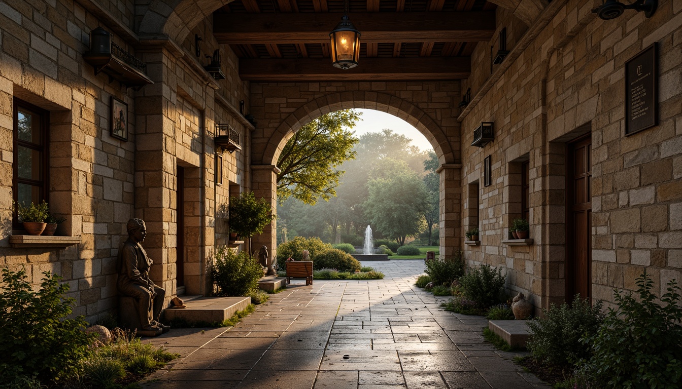 Prompt: Weathered stone walls, distressed wooden beams, vintage metal lanterns, ornate ironwork, rustic brick arches, moss-covered statues, worn flagstones, memorial plaques, candlelit corridors, solemn atmosphere, warm golden lighting, subtle depth of field, 2/3 composition, intimate close-ups, realistic textures, ambient occlusion, natural surroundings, overgrown gardens, majestic trees, serene water features, gentle misting.