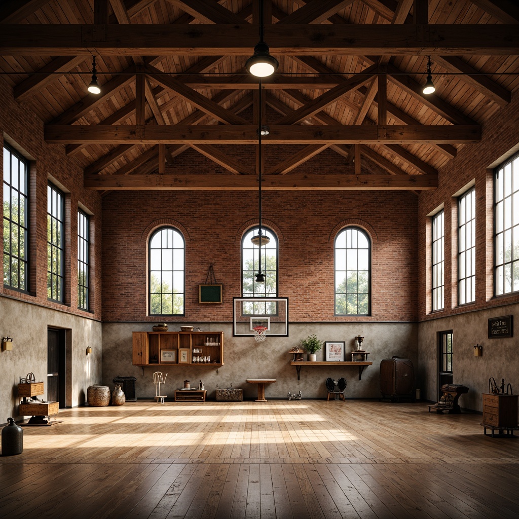 Prompt: Rustic gymnasium interior, wooden beams, distressed textures, earthy tones, warm ambient lighting, metal lanterns, exposed brick walls, vintage sports equipment, nostalgic memorabilia, wooden flooring, industrial-style lighting fixtures, high ceilings, large windows, natural daylight, softbox lighting, 1/1 composition, realistic renderings, subtle shadows.