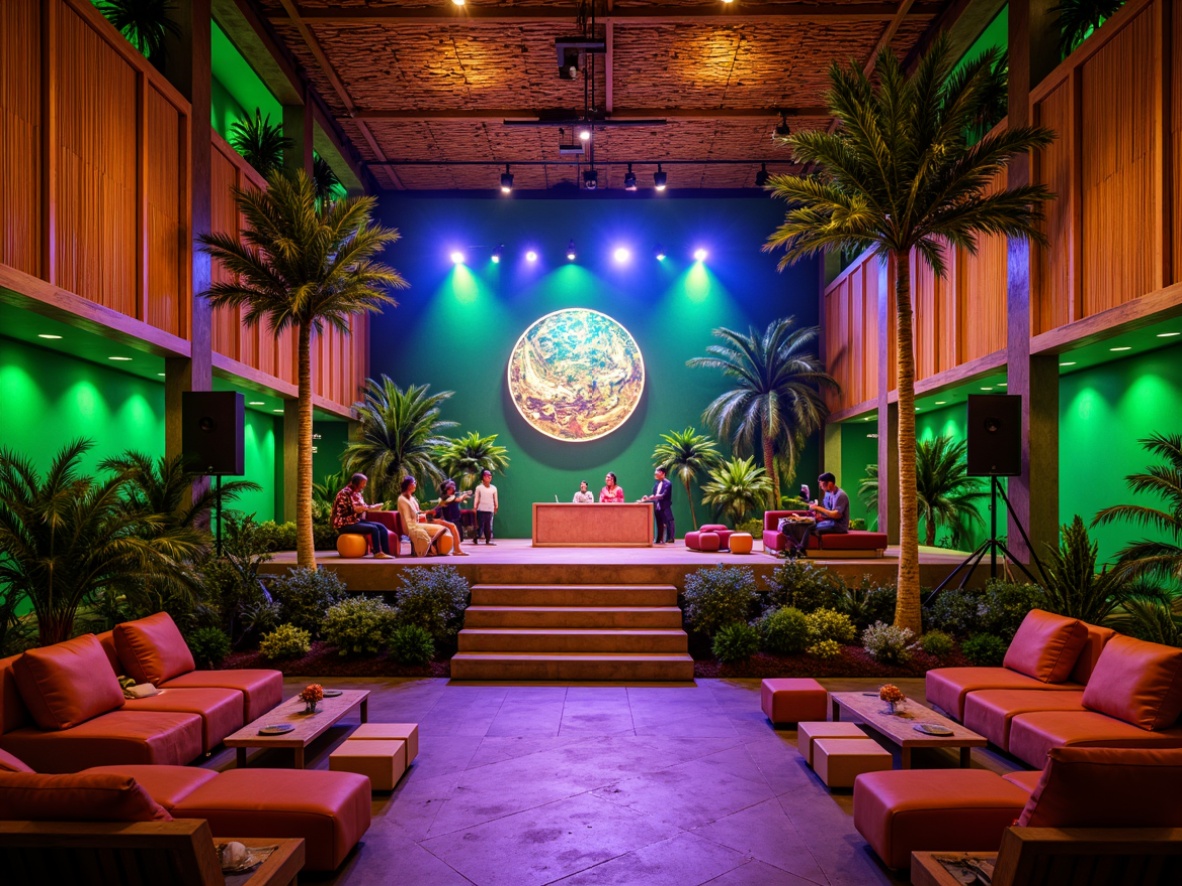 Prompt: Vibrant tropical music venue, lush green walls, exotic wooden accents, colorful textiles, woven bamboo ceilings, natural stone floors, warm ambient lighting, intimate stage settings, state-of-the-art sound systems, acoustic panels, professional mixing consoles, high-fidelity speakers, dynamic LED light installations, relaxed seating areas, tropical plants, misting systems, warm summer evening, shallow depth of field, 1/1 composition, realistic textures, soft focus blur.