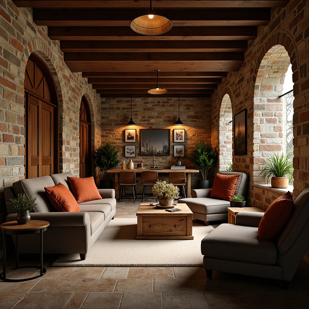 Prompt: Rustic basement, wooden accents, exposed beams, distressed wood textures, earthy color palette, stone walls, brick arches, cozy atmosphere, warm lighting, industrial chic decor, metal fixtures, reclaimed wood furniture, natural stone flooring, vintage accessories, rich wood tones, dramatic ceiling height, 1/1 composition, moody ambient lighting.