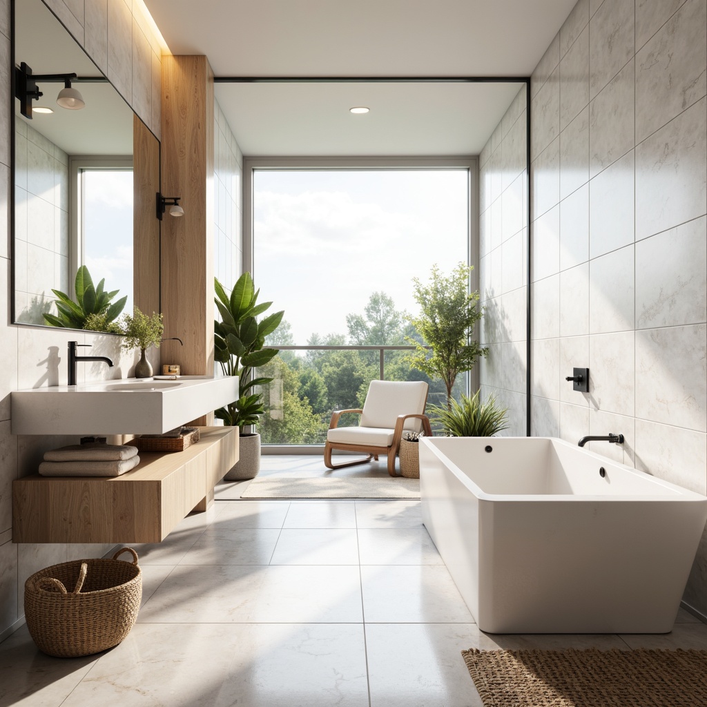 Prompt: Clean-lined bathroom, Scandi-inspired design, minimalist aesthetic, white marble countertops, light wood accents, floor-to-ceiling windows, natural daylight, soft pastel colors, geometric tile patterns, freestanding tub, wall-mounted sink, modern faucet fixtures, recessed LED lighting, heated flooring, woven textiles, potted greenery, serene ambiance, shallow depth of field, 1/1 composition, soft focus, warm color grading.