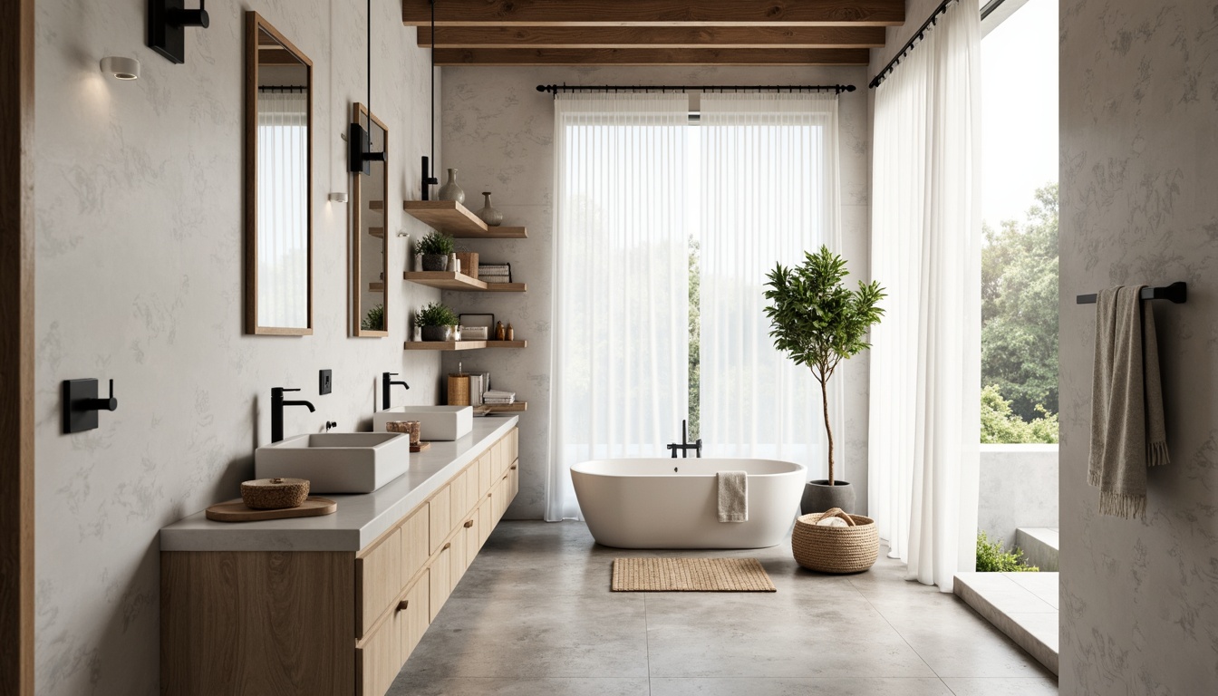 Prompt: Clean-lined bathroom, Scandinavian minimalism, white marble countertops, light wood cabinetry, matte black faucets, wall-mounted sink, large format tiles, concrete floors, industrial-style lighting, spa-inspired ambiance, natural textiles, woven baskets, potted greenery, floor-to-ceiling windows, sheer white curtains, warm neutral color palette, soft diffused lighting, shallow depth of field, 1/2 composition, realistic textures.