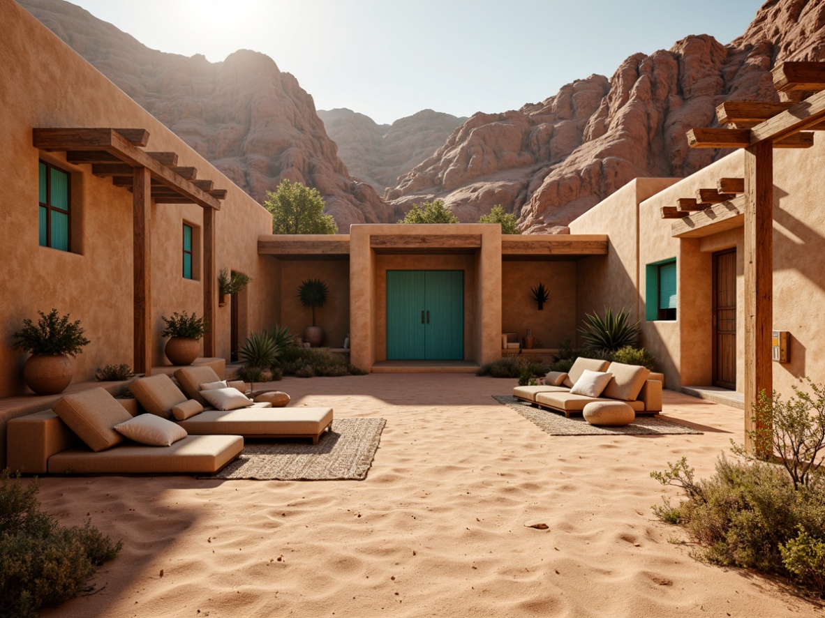 Prompt: Warm sandy terrain, southwestern landscape, ancient amphitheater ruins, weathered stone walls, vibrant turquoise accents, earthy red rock formations, rustic wooden beams, natural linen fabrics, woven textiles, geometric patterns, terracotta pottery, ceramic tiles, warm beige stucco, soft adobe architecture, golden hour lighting, shallow depth of field, 2/3 composition, cinematic view, realistic textures, ambient occlusion.