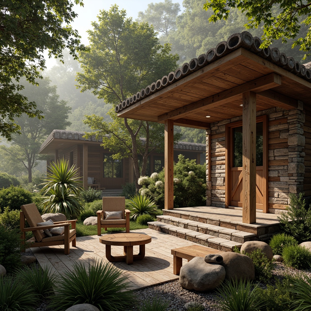 Prompt: Rustic wooden cabins, natural stone foundations, earthy color palette, reclaimed wood accents, bamboo flooring, woven rattan furniture, lush greenery surroundings, forest-inspired landscaping, misty morning atmosphere, soft warm lighting, shallow depth of field, 3/4 composition, panoramic view, realistic textures, ambient occlusion.