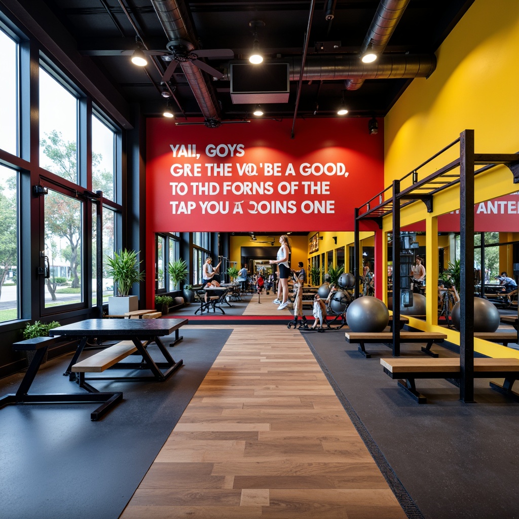 Prompt: Vibrant home gym, bold color scheme, energetic atmosphere, motivational quotes, modern exercise equipment, sleek metal frames, rubber flooring, mirrored walls, bright overhead lighting, warm-up areas, free weight zones, cardio machine spaces, functional training areas, suspension training systems, dynamic color blocking, contrasting accent walls, high-contrast flooring, stimulating color palette, refreshing ambiance, invigorating atmosphere, shallow depth of field, 1/1 composition, realistic textures, ambient occlusion.