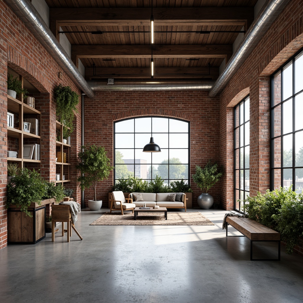 Prompt: Exposed brick walls, industrial chic atmosphere, open ceiling with metal beams, polished concrete floors, minimal decorative elements, functional metal shelving, reclaimed wood accents, modern LED lighting, sparse greenery, urban loft vibe, abundant natural light, airy sense of freedom, 1/1 composition, softbox lighting, shallow depth of field, realistic textures.