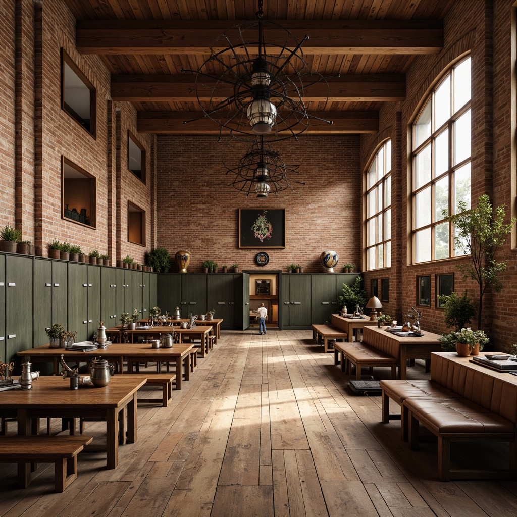 Prompt: Rustic gymnasium interior, reclaimed wood flooring, vintage sports equipment, distressed metal lockers, wooden benches, antique athletic trophies, natural stone walls, earthy color palette, warm cozy lighting, rustic metal chandeliers, wooden bleachers, exposed brick ceiling, industrial-style lighting fixtures, aged leather upholstery, nostalgic sports memorabilia, worn wooden tables, metal-framed mirrors, nature-inspired textiles, organic-shaped decorations.