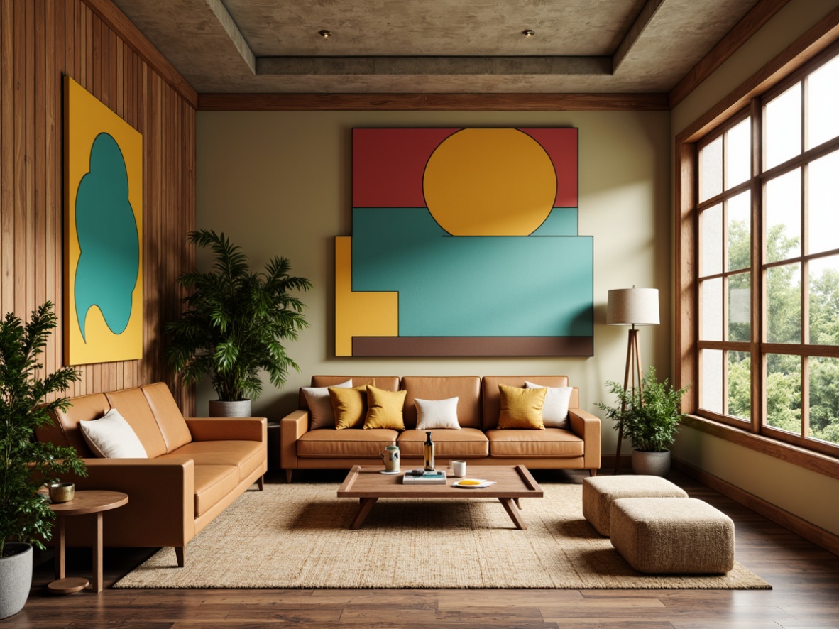 Prompt: Retro-inspired living room, warm beige walls, rich walnut wood accents, bold graphic patterns, geometric shapes, vibrant turquoise and yellow hues, earthy brown leather sofas, sleek low-profile coffee tables, minimalist metal lighting fixtures, natural woven textiles, plush area rugs, abundant greenery, large windows, soft diffused light, 1/1 composition, realistic renderings, ambient occlusion.