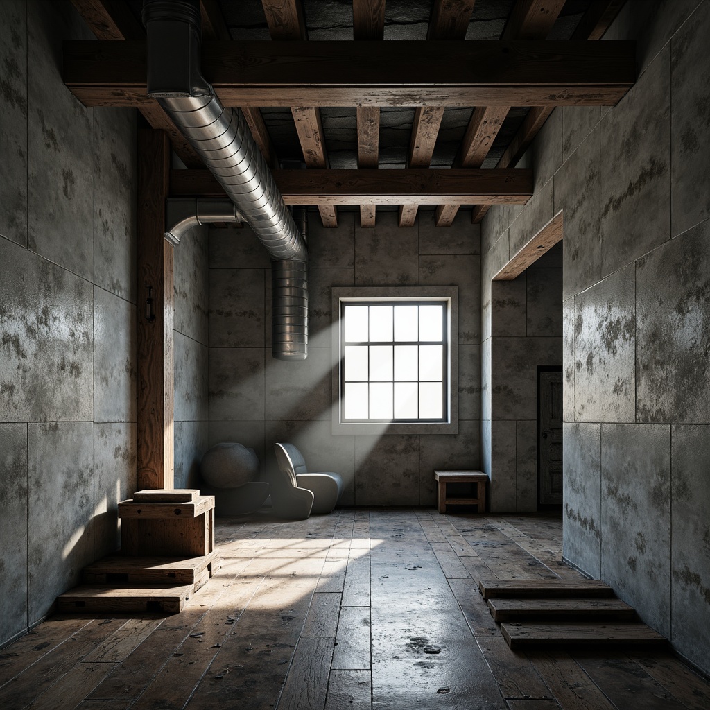 Prompt: Rough-hewn concrete walls, exposed ductwork, industrial metal beams, distressed wood accents, reclaimed wooden planks, rugged stone flooring, brutalist architectural elements, dramatic overhead lighting, stark minimal decor, monochromatic color schemes, cold atmospheric ambiance, high-contrast shadows, cinematic composition, detailed normal maps, realistic material textures.