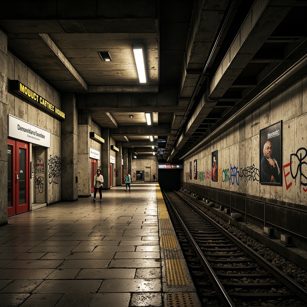 Prompt: Underground metro station, brutalist architecture, exposed concrete walls, rugged stone floors, industrial-style metal beams, functional urban lighting, bold typography signage, distressed graffiti textures, moody atmospheric shadows, warm fluorescent lighting, stark contrast, dramatic angles, geometric shapes, raw materiality, urban grittiness, dark muted colors, earthy tones, weathered steel accents, industrial heritage inspiration.