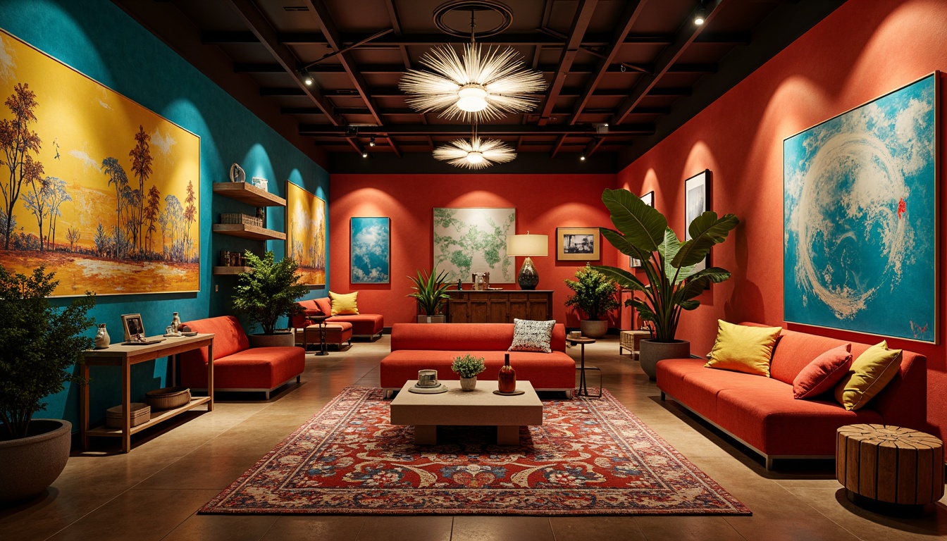 Prompt: Vibrant artistic space, bold color palette, abstract furniture shapes, eclectic decor, textured wall finishes, ornate metalwork details, intricate patterned rugs, oversized statement lighting, dramatic ceiling installations, expressive brushstroke-inspired murals, emotive ambiance, moody warm lighting, 1/2 composition, shallow depth of field, cinematic atmosphere.