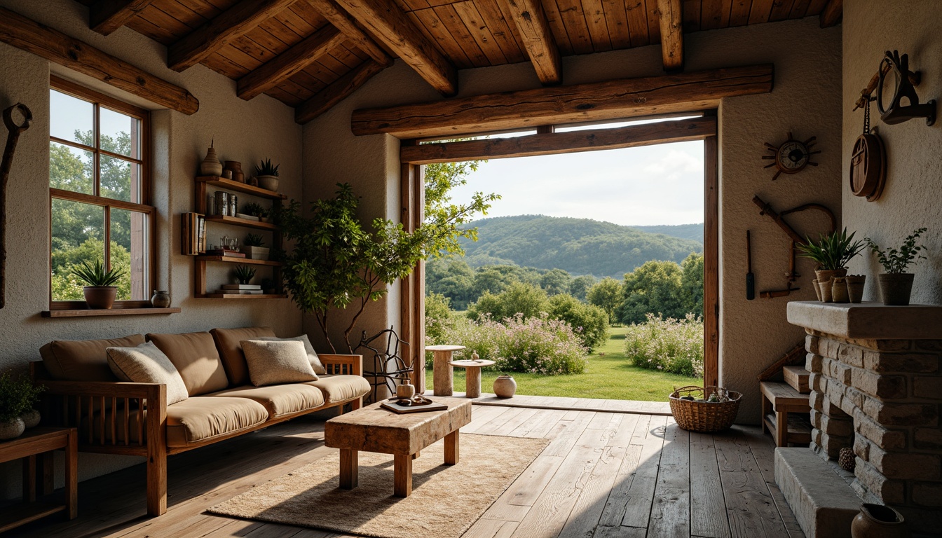 Prompt: Rustic farmhouse, weathered wooden planks, distressed stone walls, earthy color palette, natural textures, vintage farm tools, cozy interiors, warm lighting, shallow depth of field, 3/4 composition, panoramic view, realistic wood grain, ambient occlusion, soft focus effect, serene countryside landscape, rolling hills, green pastures, wildflowers, sunny day.